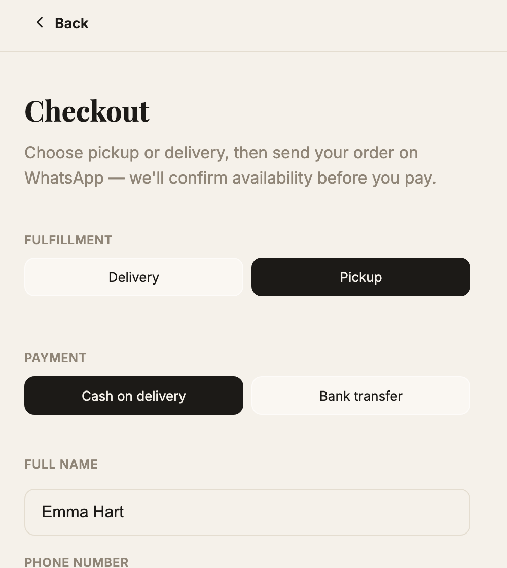 Checkout form with fulfillment and payment options